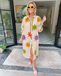 JENNA FLORAL BEADED BUTTON UP MIDI DRESS - CREAM