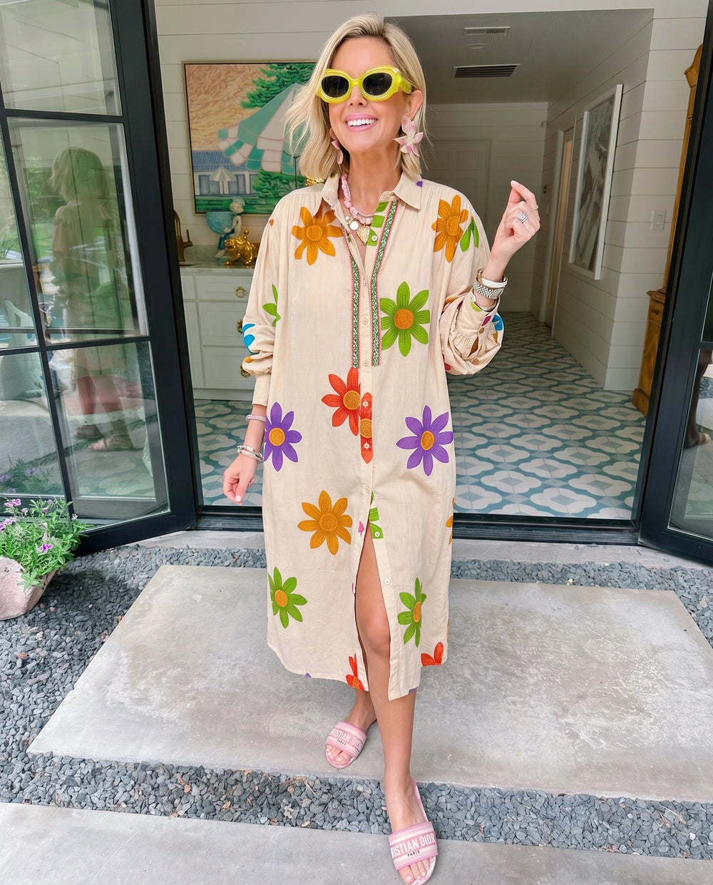 JENNA FLORAL BEADED BUTTON UP MIDI DRESS - CREAM