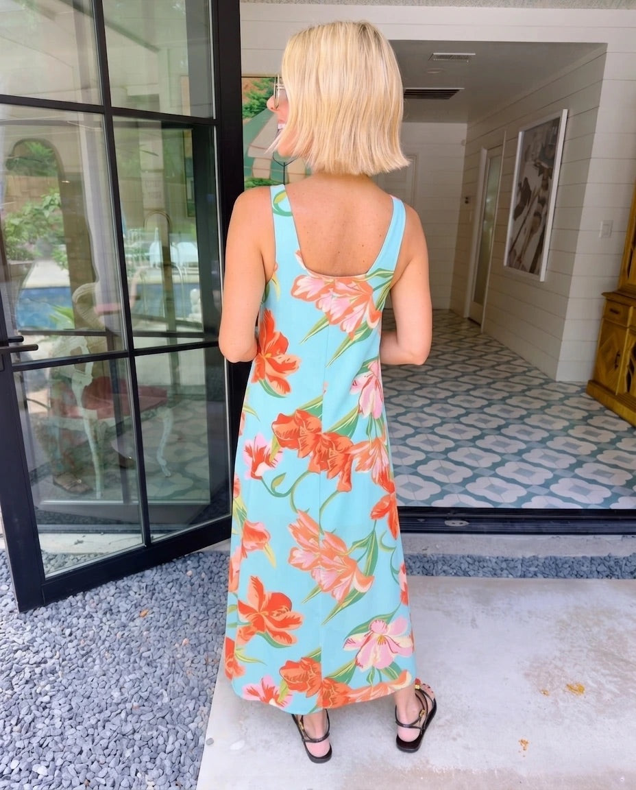 LUCIA BLOOMS FLORAL MIDI DRESS - BLUE