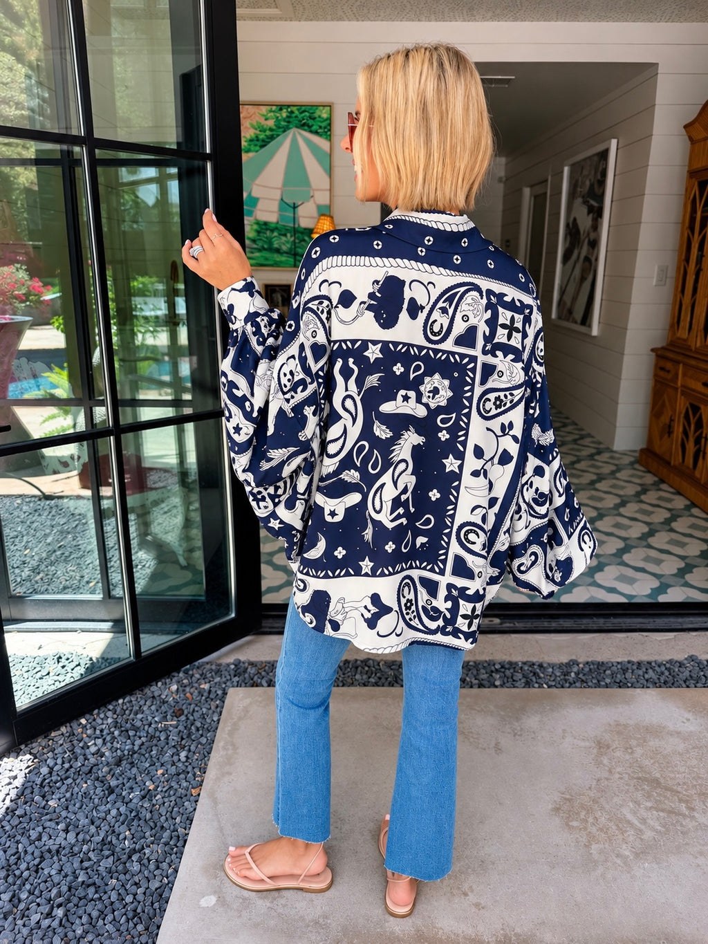 COSMIC COWGIRL SILKY BUTTON UP TOP - NAVY