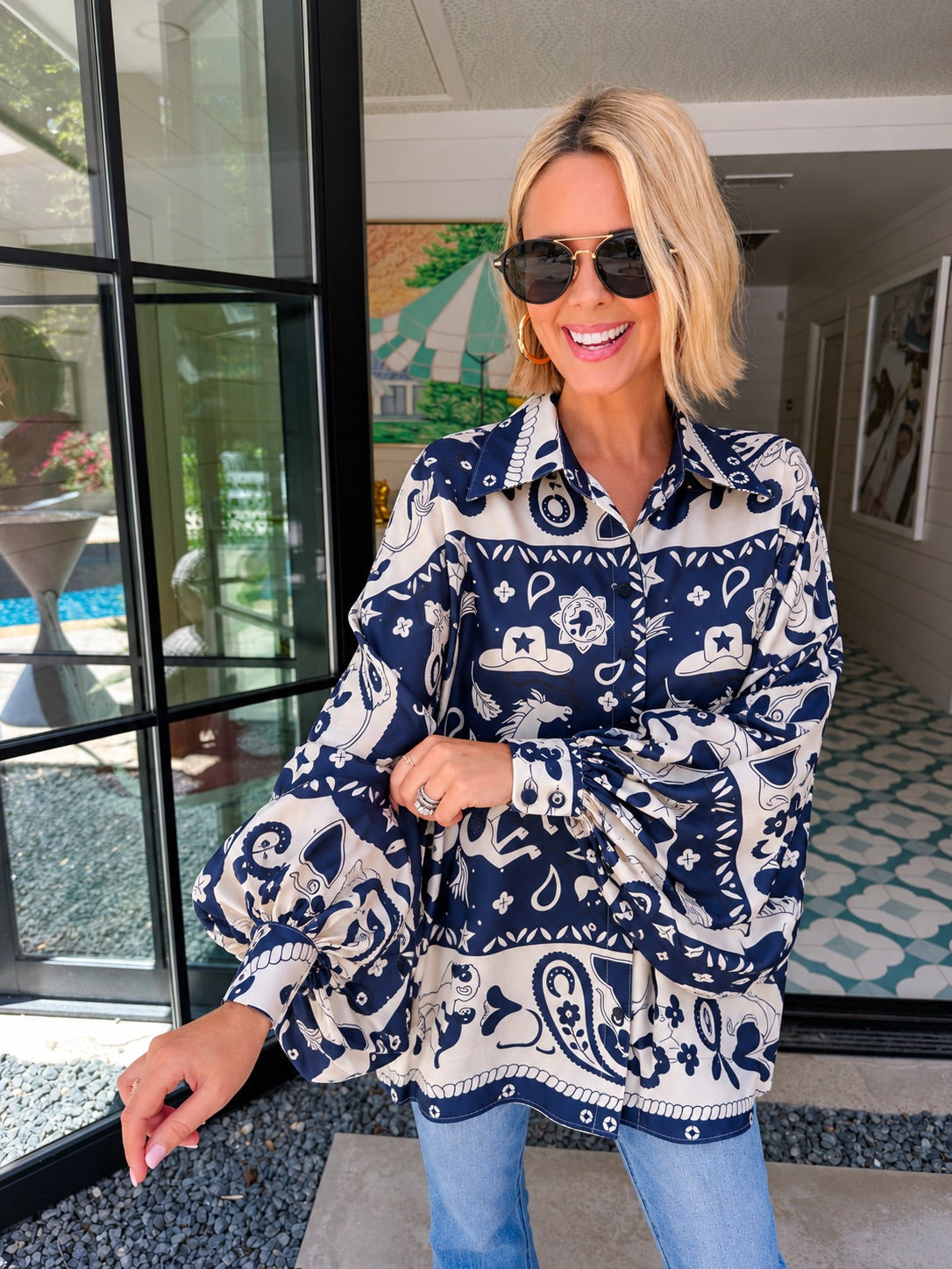 COSMIC COWGIRL SILKY BUTTON UP TOP - NAVY