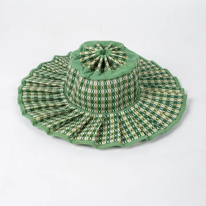 KATHY PLEATED STRAW SUN HAT - GREEN PLAID