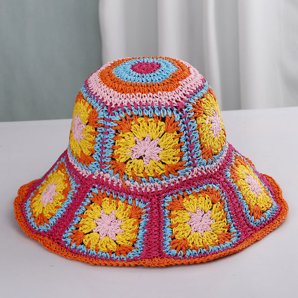 BERNICE GRANNY SQUARE STRAW BUCKET HAT - HOT PINK/ORANGE