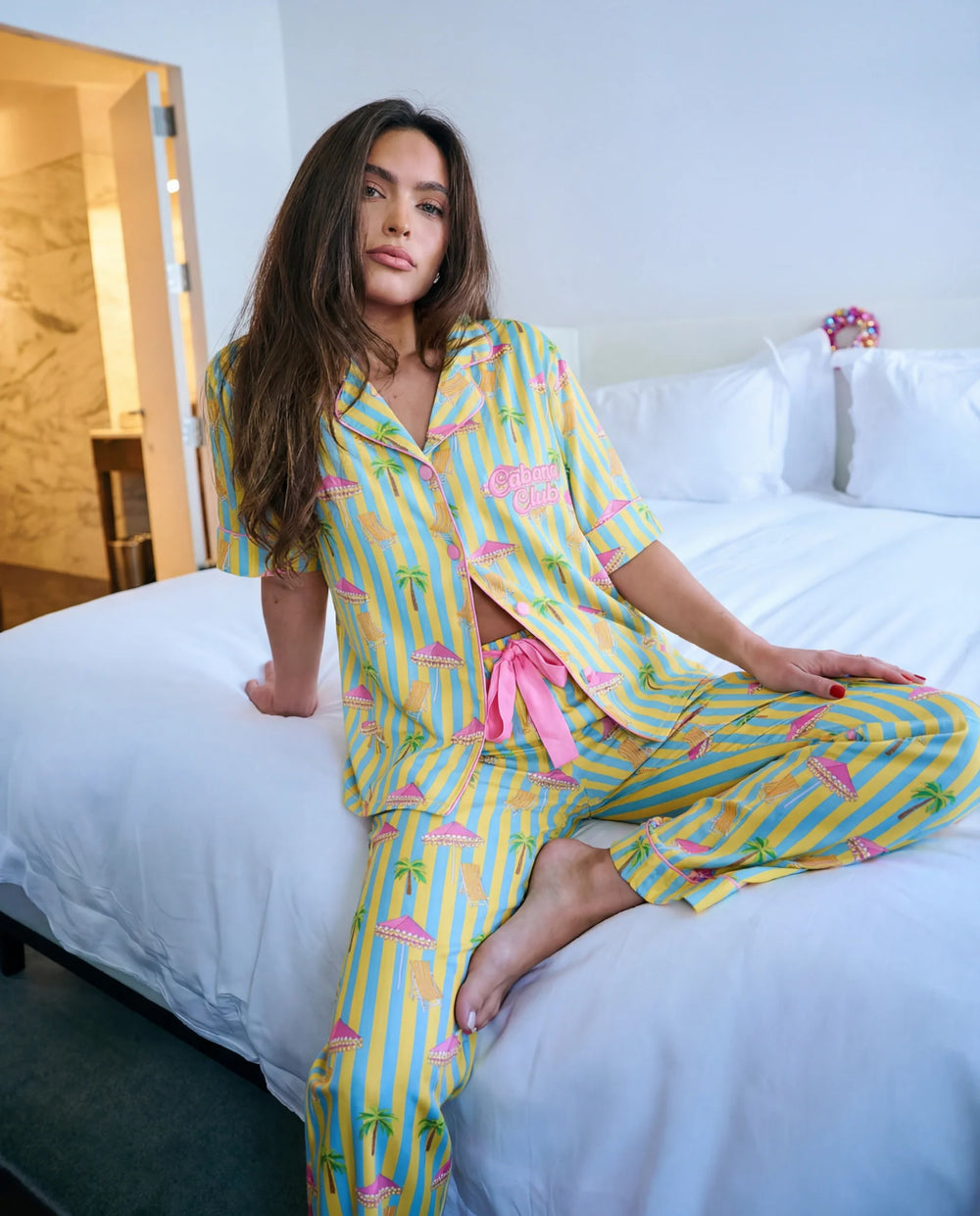 CABANA CLUB SHORT SLEEVE PAJAMA PANT SET - BLUE/YELLOW