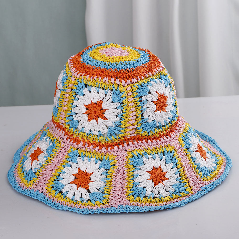 BERNICE GRANNY SQUARE STRAW BUCKET HAT - BLUE/PINK