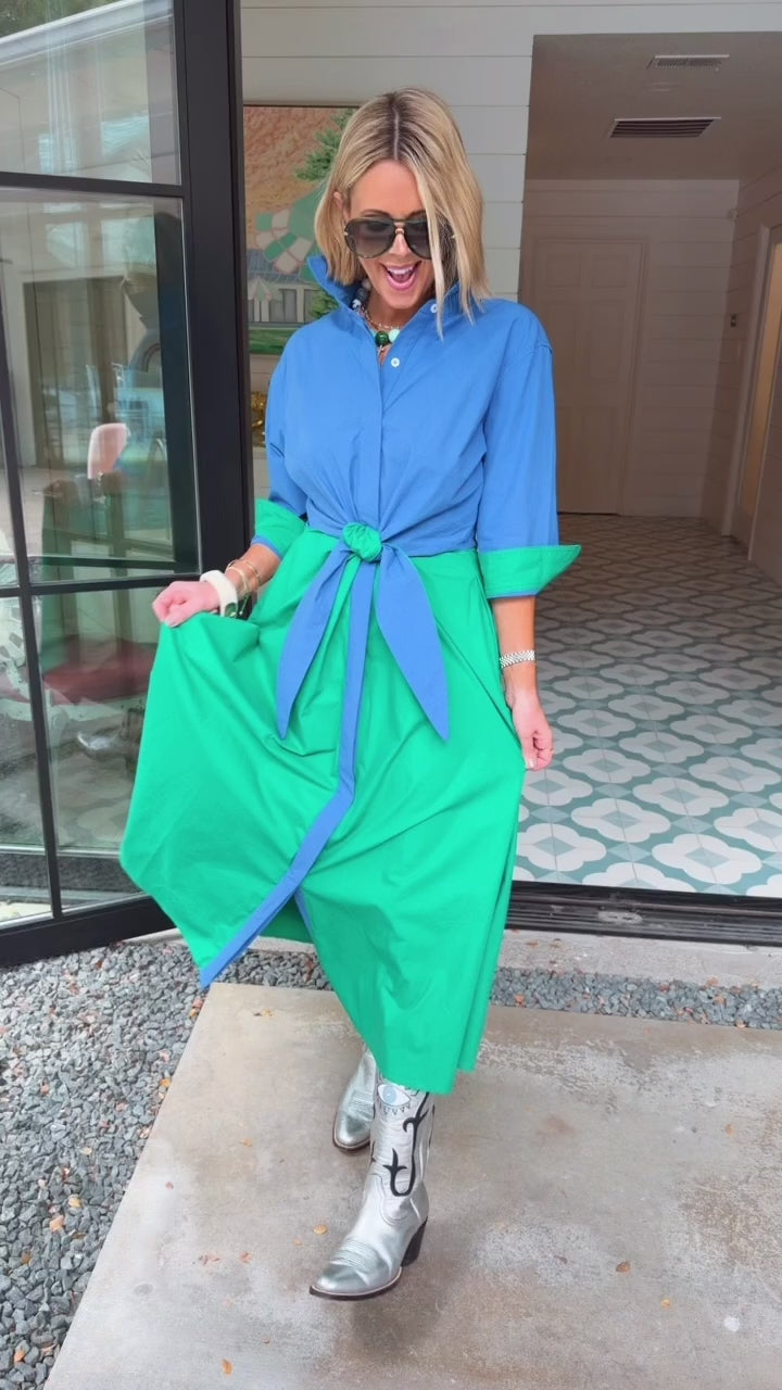 MEET ME HALFWAY COLORBLOCK MIDI DRESS - BLUE/GREEN