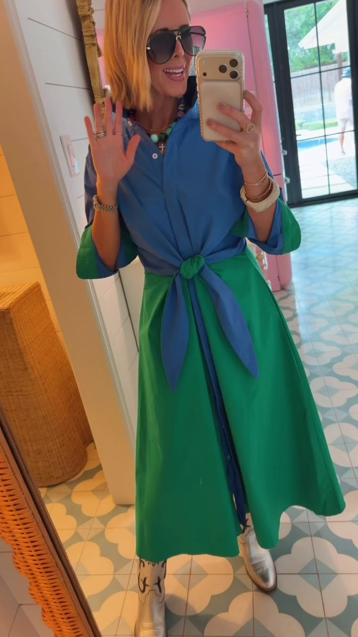 MEET ME HALFWAY COLORBLOCK MIDI DRESS - BLUE/GREEN