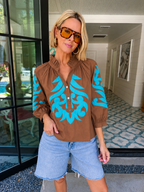 YOUR TRUE REFLECTION APPLIQUE TOP - BROWN/TURQUOISE