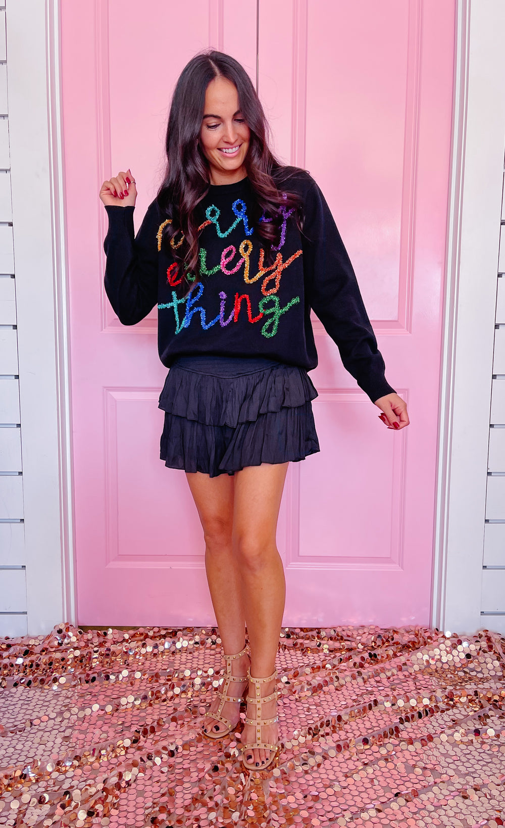 MERRY EVERYTHING GLITTER SCRIPT SWEATER